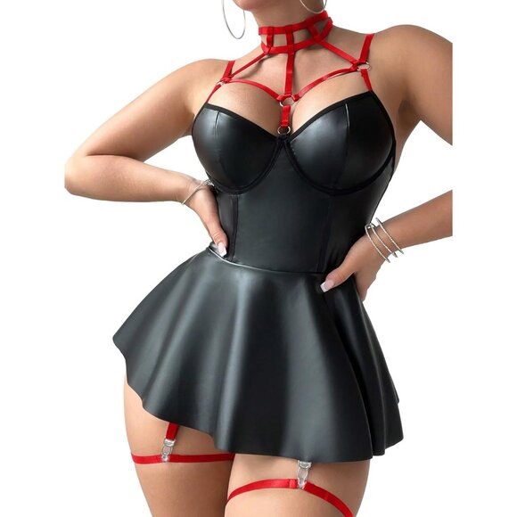 Women Black Red Strappy Leather Underwire Choker Garter Belt Lingerie Set Dress - Picture 4 of 6